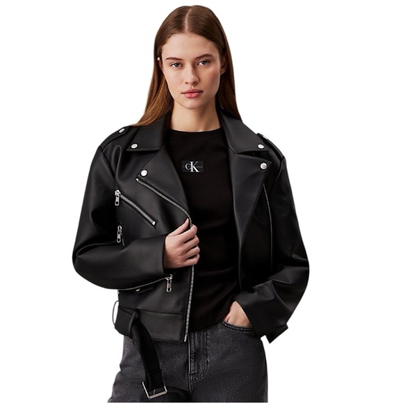 CALVIN KLEIN Belted Faux Leather Moto Biker Jacket - Picture 1 of 14